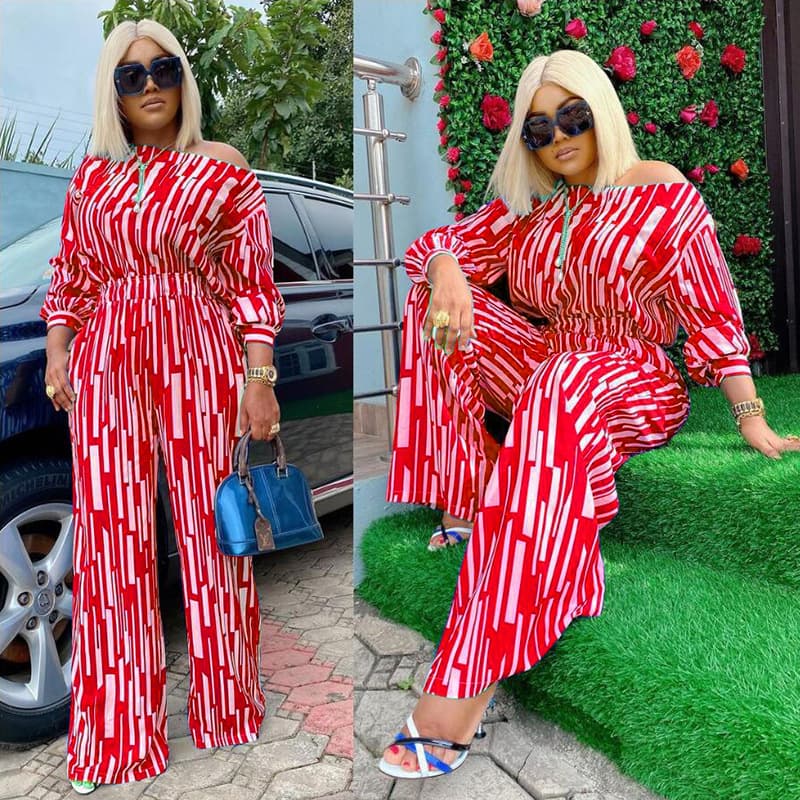 Women's Plus Size Women's Striped Printed Diagonal Long Sleeves And Shoulders Loose Fashionable Casual Suit For Women