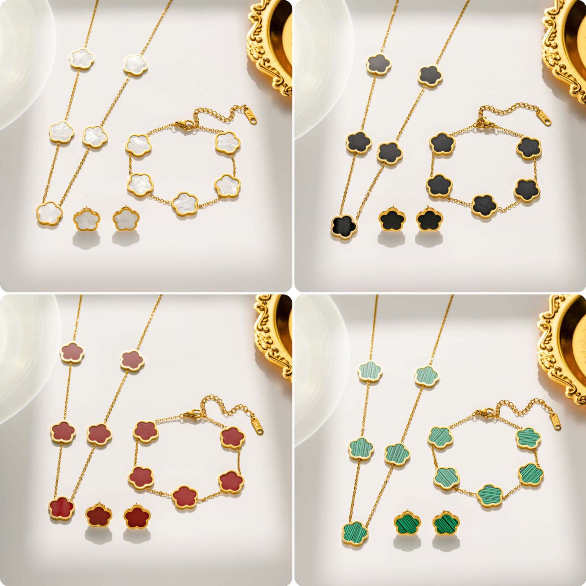 New Stainless Steel Plant Fritillaria Five Leaf Petal Earrings, Bracelets, Necklaces, Jewelry Set, Hot Selling Batch for