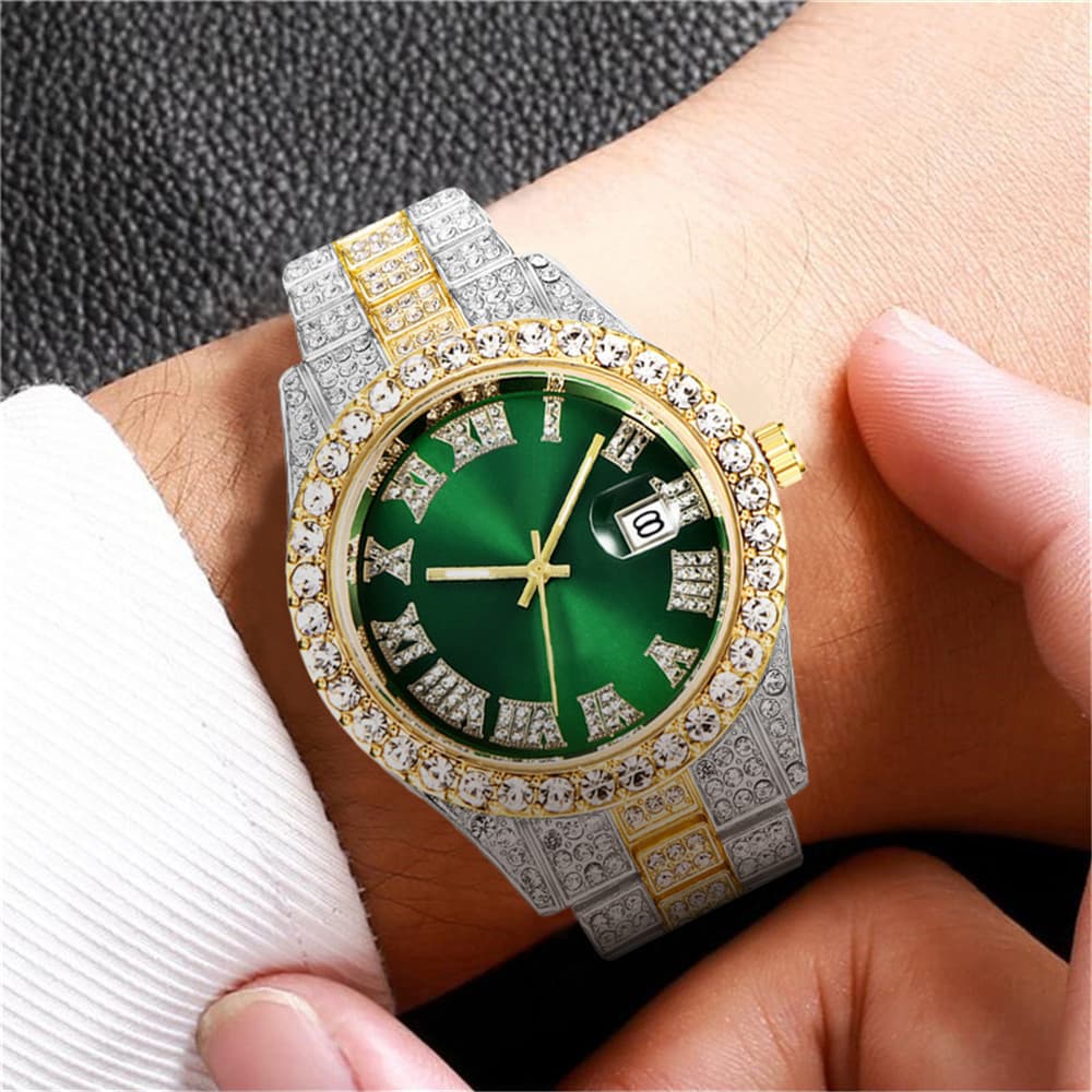 New Quartz Hip-Hop Business Steel Band Calendar Full Diamond Watch Men's Model