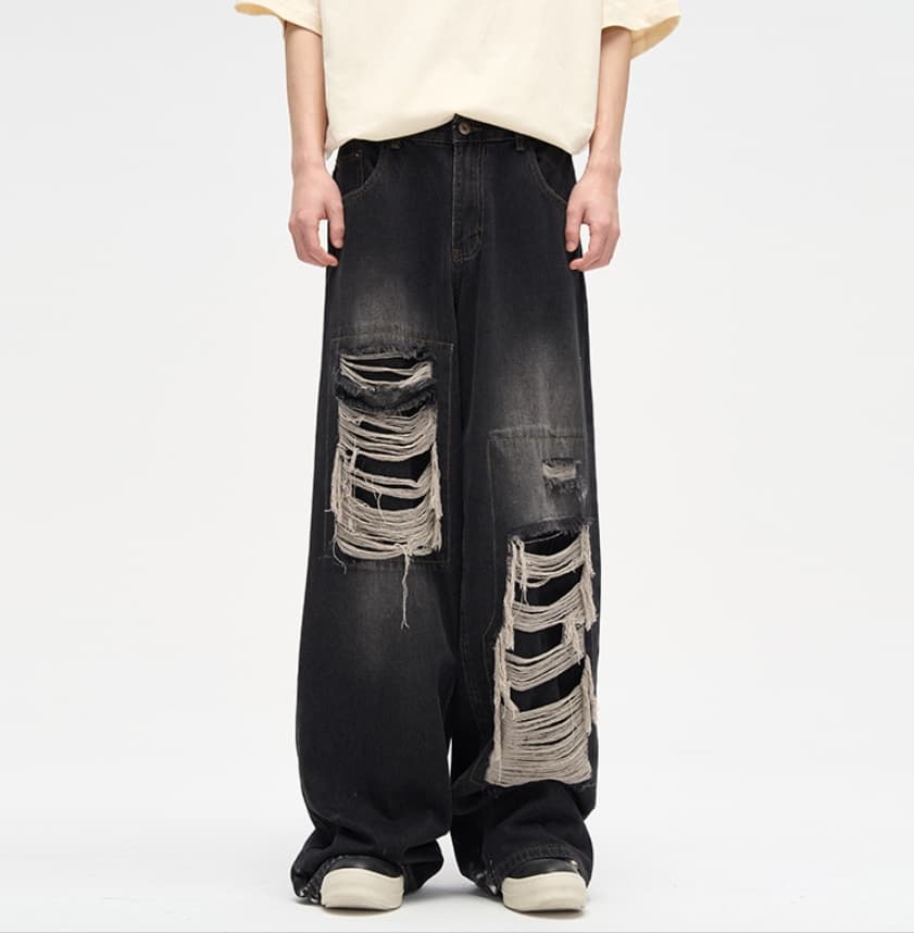 [RebelStitch] Men's Distressed Jeans - Patchwork & Raw Hem Design | Relaxed Straight Fit