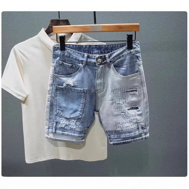 Men's Light Blue Distressed Denim Shorts Mid-Rise Straight-Leg Cutoff Patch Details Casual Summer Style Sizes 28-36