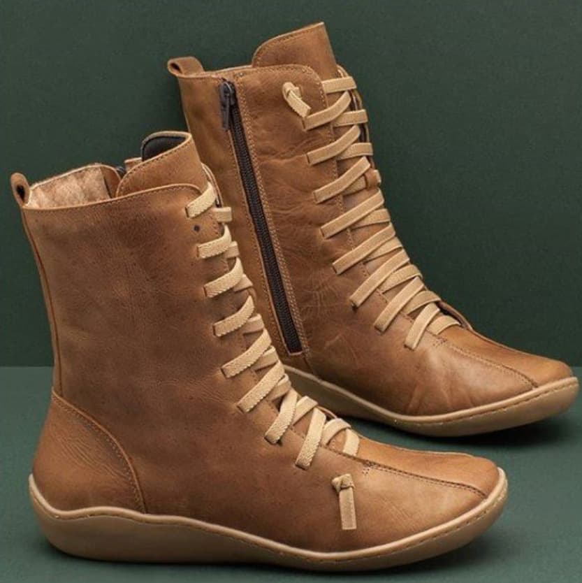 Women's Chunky Round-Toe Zip-Up Ankle Boots, Casual Mid-Calf Winter Boots With Side Zipper, Comfortable PU Leather Lace-Up Booties