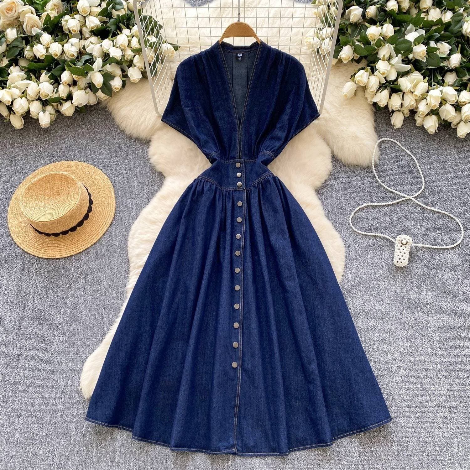 Women's Clothing Summer Deep V-neck Tight Waist-breasted Slim-fit Pleated Casual Denim Skirt