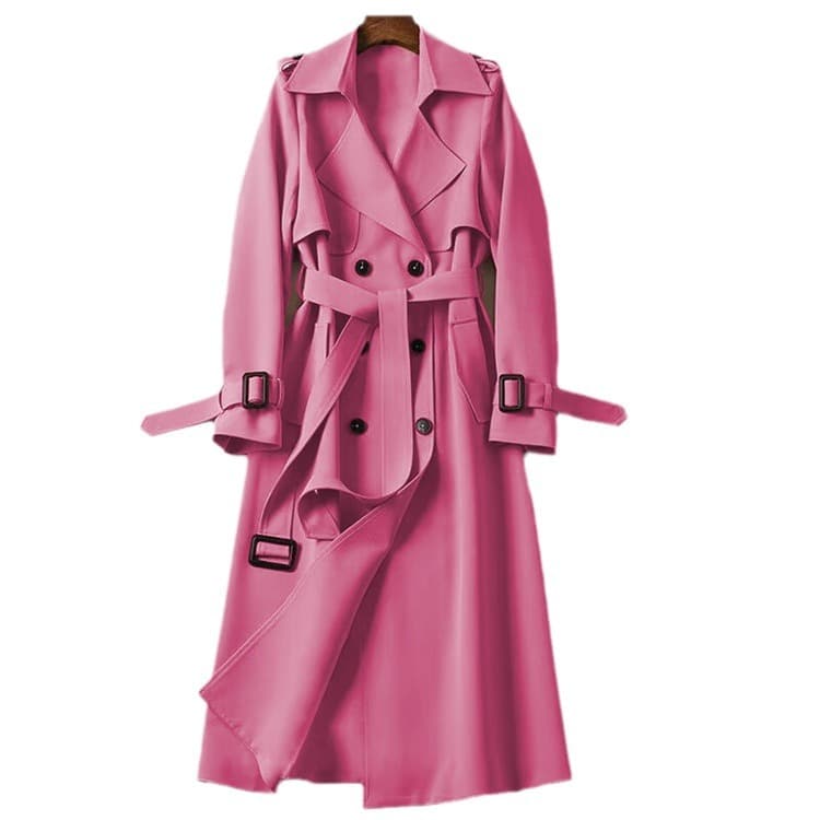 Manteau long trench-coat classique croisé élégant pour femme, avec poches.