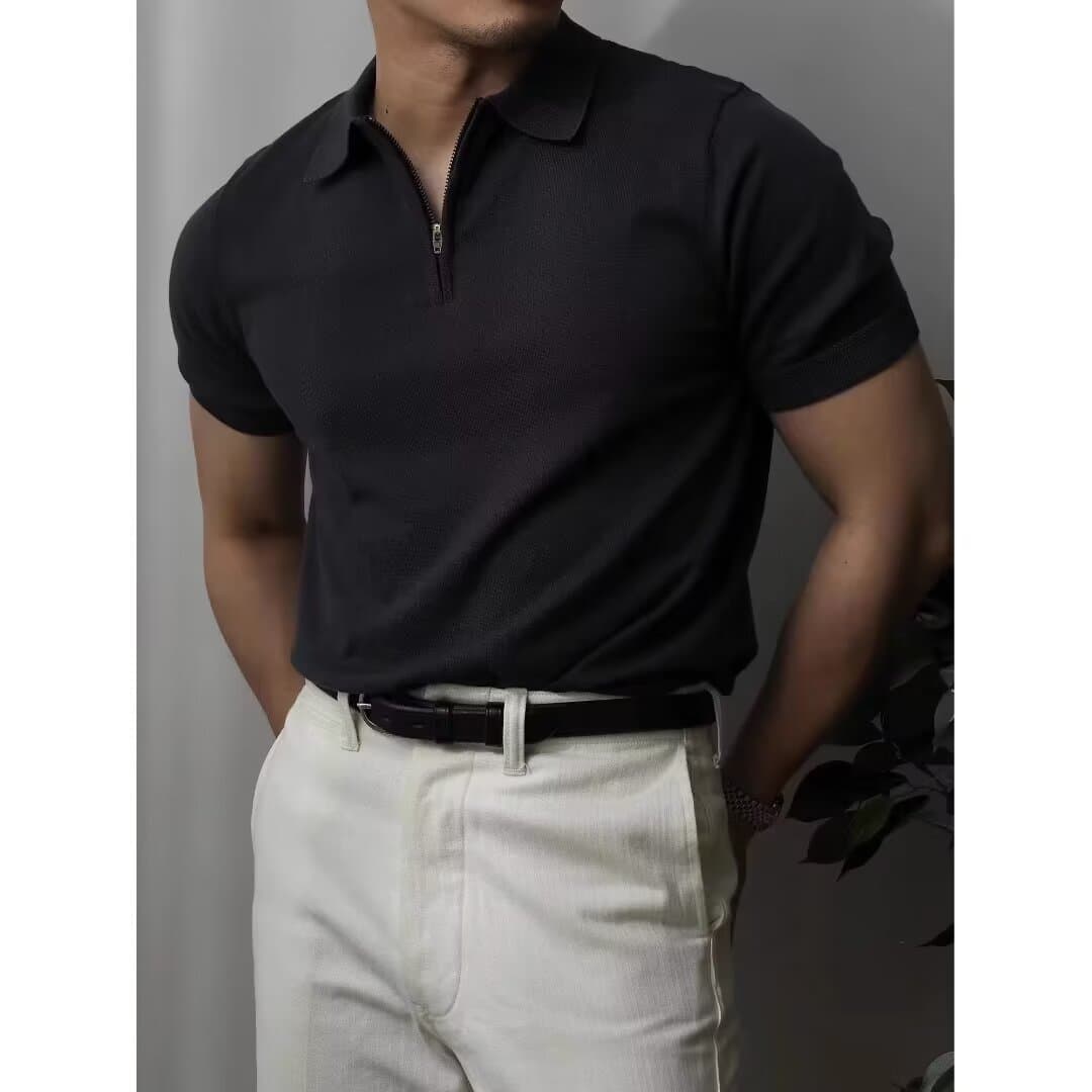 Men's Clothing Factory Direct Sales Ice Silk Knitted Tops For Men High End Summer Light Luxury Men's Fashion Short Sleeved Polo Shirt Half Zipper