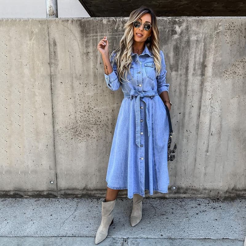 Women's Denim Casual High Waist Pocket Lapel Dress