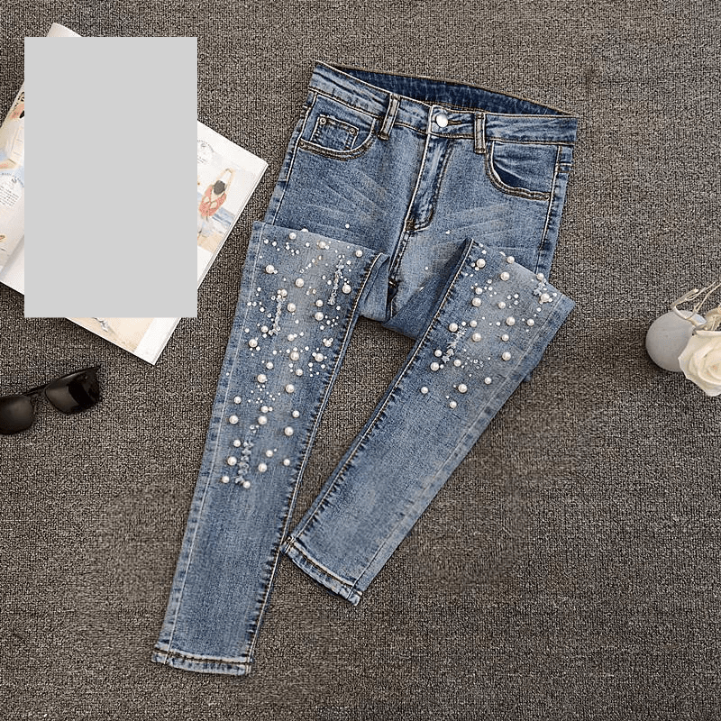 Women's Clothing beaded denim pants for women spring and summer new all-match buttons elastic slim wide-leg nine-point pants