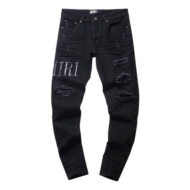 MIRI Nouvelle marque de mode rétro à patchs troués hip-hop pantalon en denim stretch unisexe