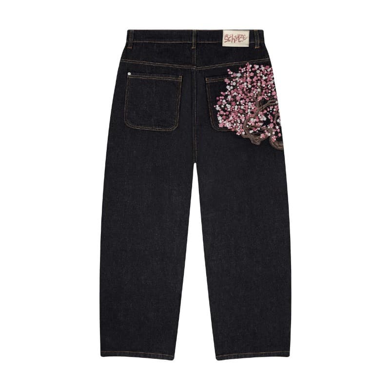 Japanese-Style Harajuku Jeans For Men And Women Streetwear American Vintage Style Heavy-Duty Cherry Blossom Embroidery Relaxed Straight-Leg Long Pants