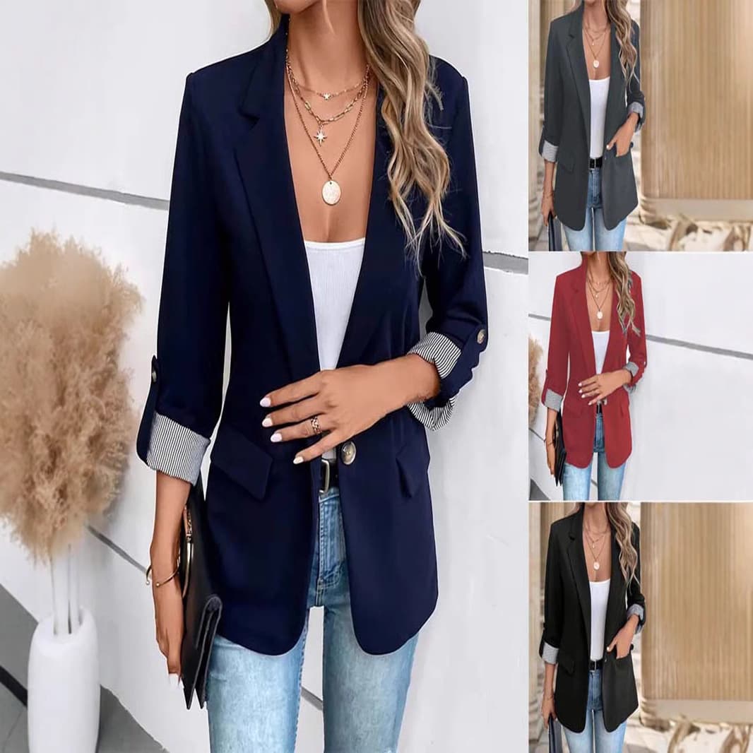 Elegant Stretch Fit Button Blazer For Women - Slim Fit Cropped Sleeve Office Jacket With Functional Pockets, Available In Multiple Colors
