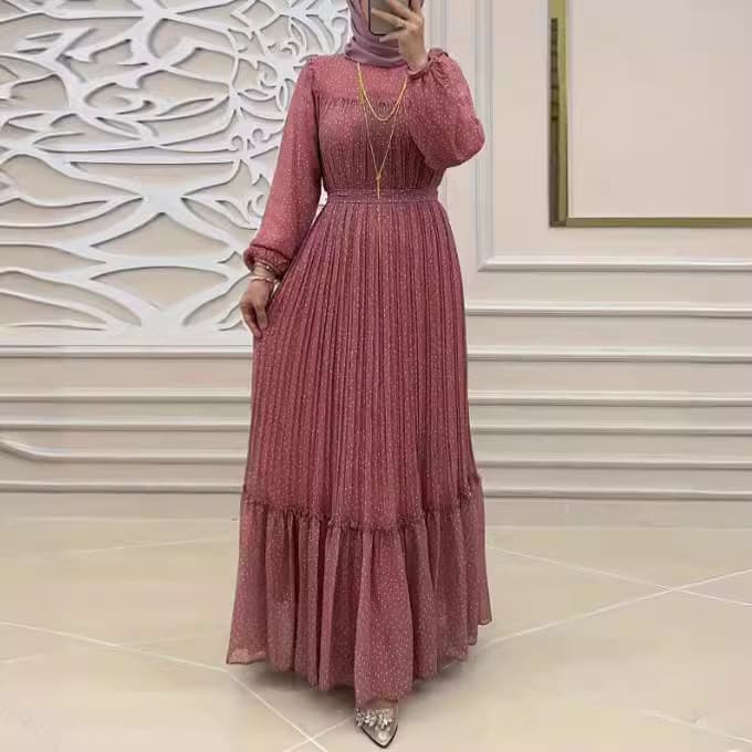 Women's Clothing New Polka Dot Chiffon With Belt Fashionable And Elegant Muslim Dress