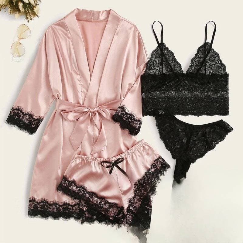 Women's Sleepwears New women's pajamas 4 piece lace satin suspender pajamas women's summer suit with nightgown and nightdress