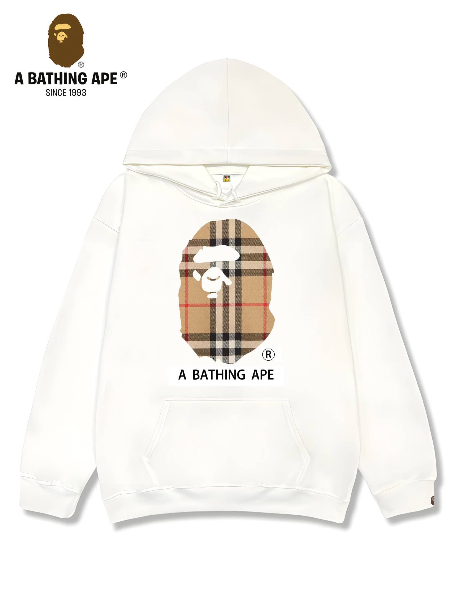 Sweat à capuche unisexe imprimé tête de singe à rayures et logo imprimé, collaboration BAPE-BAPE&BURBERRY