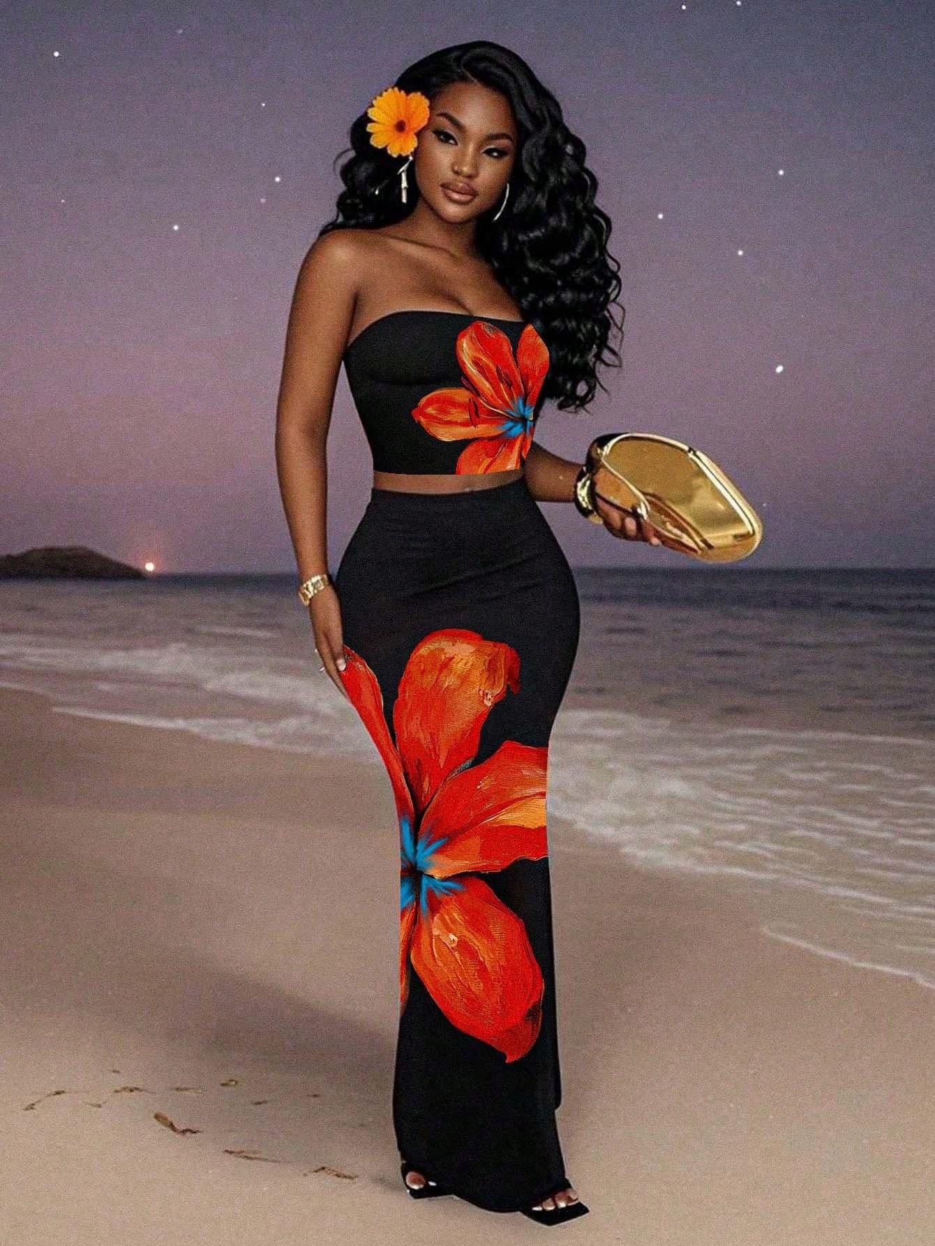 Sexy Floral Print Tube Top & Skirt Set - Bodycon Dress Outfit For Women, Summer Party, Beach Vacation, Street Style (S/M/L)