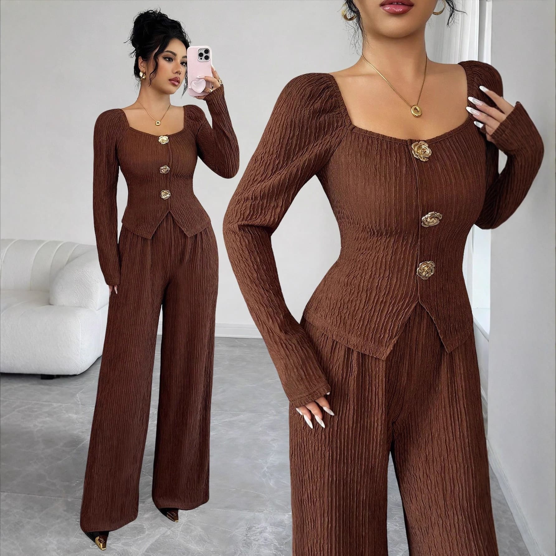 ​​Women's Knitted Texture Set – Chic Square Neck Top & Slim Fit Pants With Metallic Rose Buttons​​