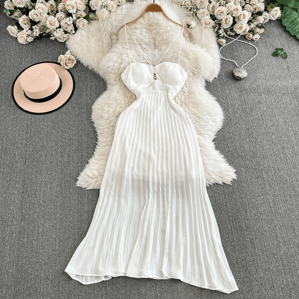 Women's Clothing Hollow Suspender Dress For Women On Seaside Vacation, Beautiful Backless Sexy Pleated Long Swing Slim Dress
