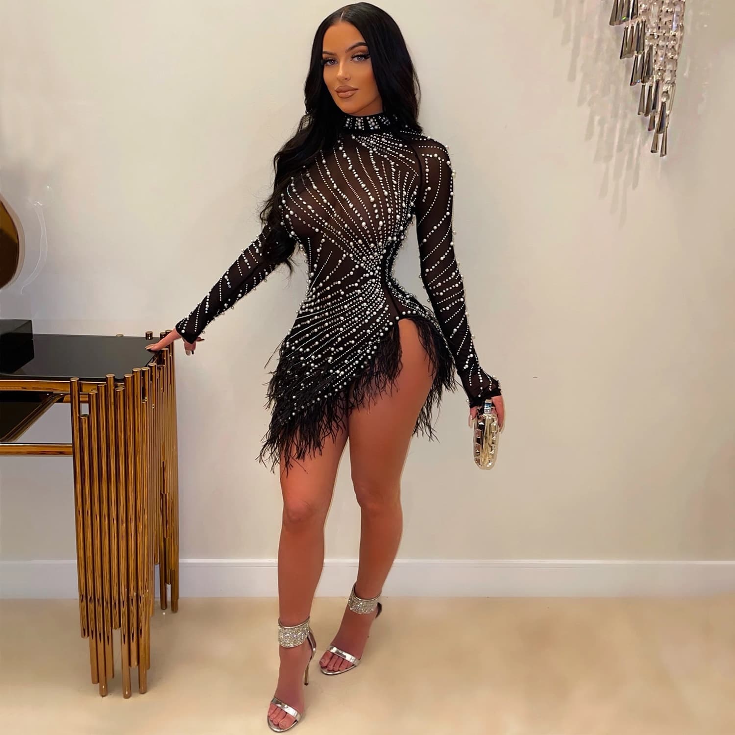 Women's Clothing Fashion Fashionable And Sexy Tassel Mesh Hot Diamond Dress