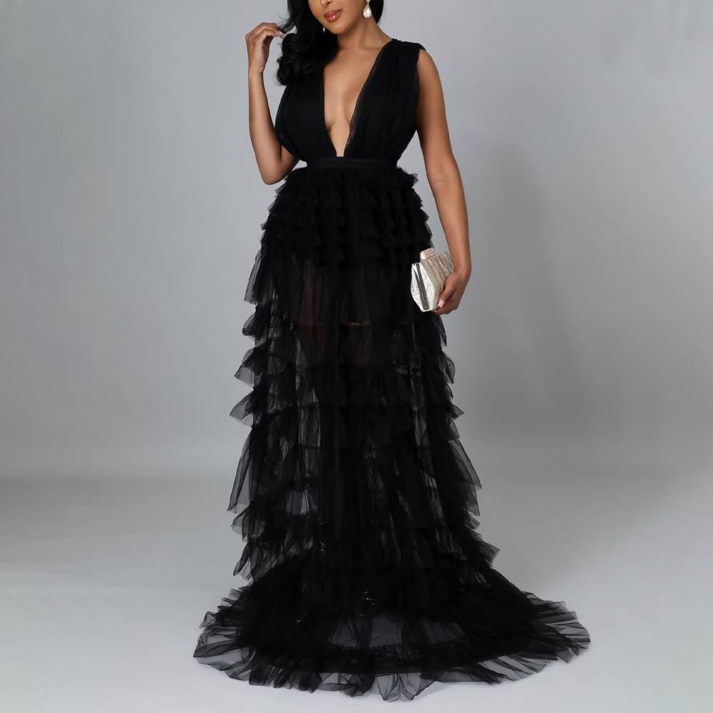 Women's sexy V-neck high-waisted pleated evening dress black ethnic style suspender type long skirt mesh dress