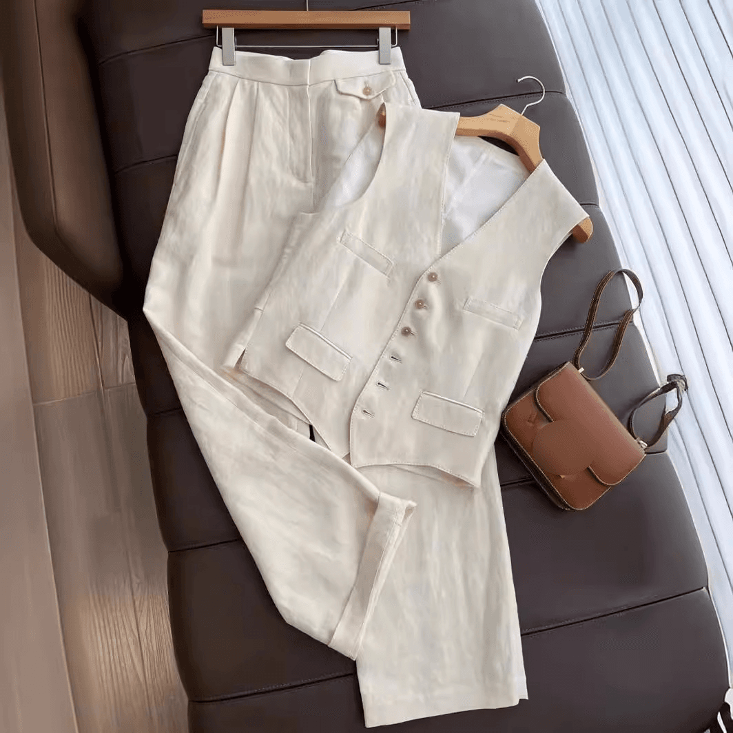New Cotton And Linen Fashion Design Temperament Suit Vest Wide-leg Pants Two-piece Suit Ins Old Money Trend