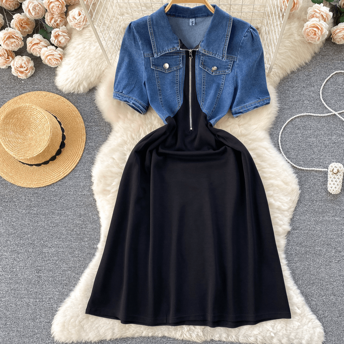 Women's Clothing New Short Sleeved Denim Design Contrast Color Stitching Zipper Slimming Korean Version Of The Age Reducing Dress