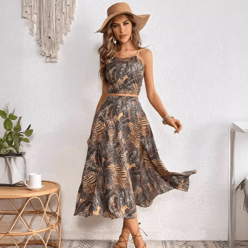 Women’s Clothing Tropical Print Camisole Top Sexy Slit Skirt Suit
