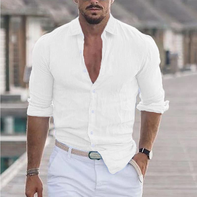 ​​"Men's Lightweight Cotton-Linen Hawaiian Shirt – Breathable Long Sleeve Vacation Shirt For Beach & Casual Wear"​​