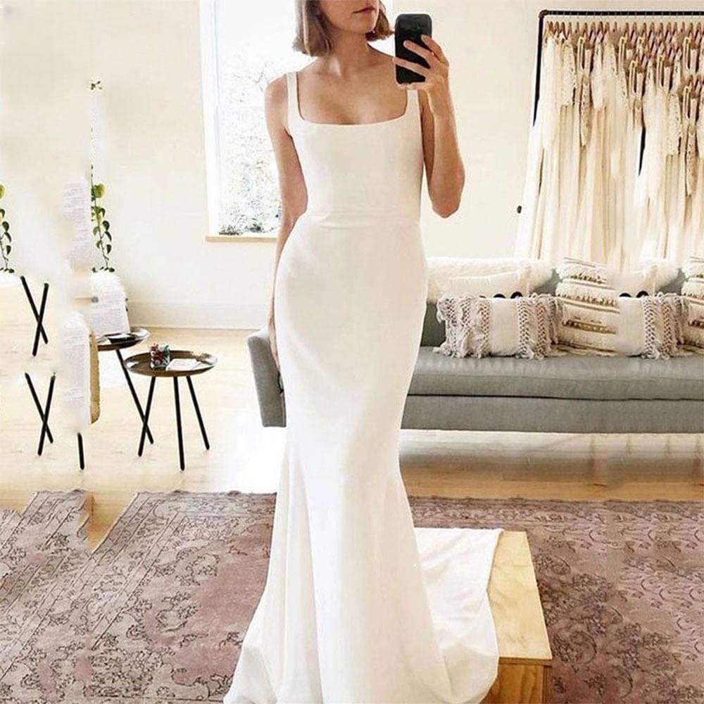 Women's Clothing Light Wedding Dress White Dress Female Italian Square Neck Backless Simple Trailing Bride Dress Soft Satin