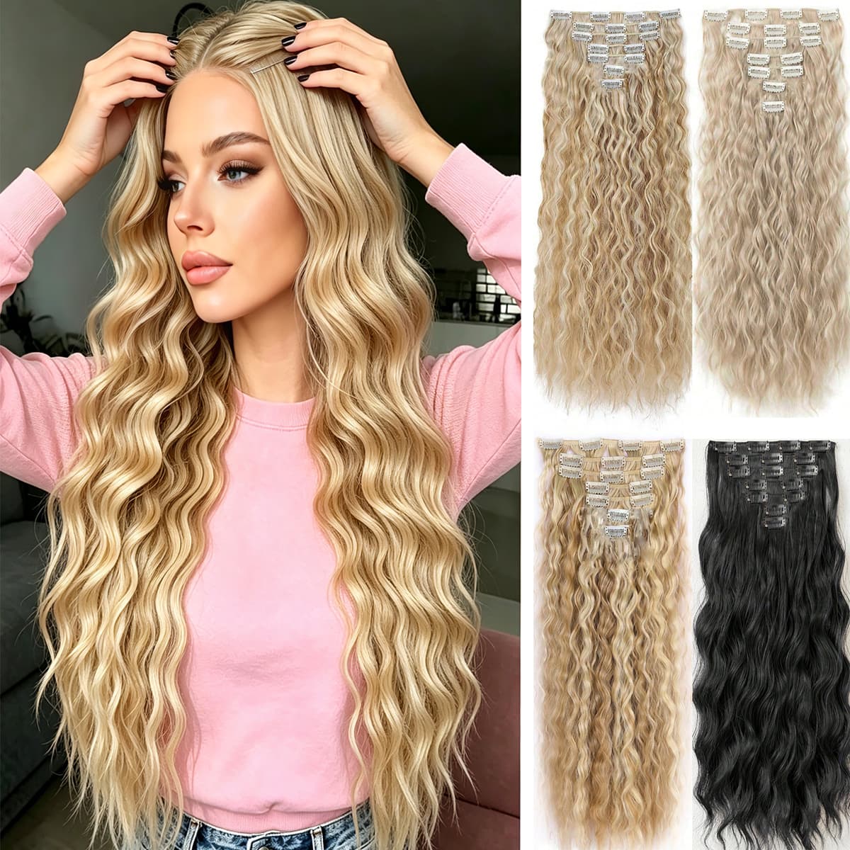 Clip In Long Wavy Synthetic Hair Extension 24 Inch Blonde With Light Blonde Tips Thick Hairpieces Natural Soft Synthetic Fiber Double Weft For Women