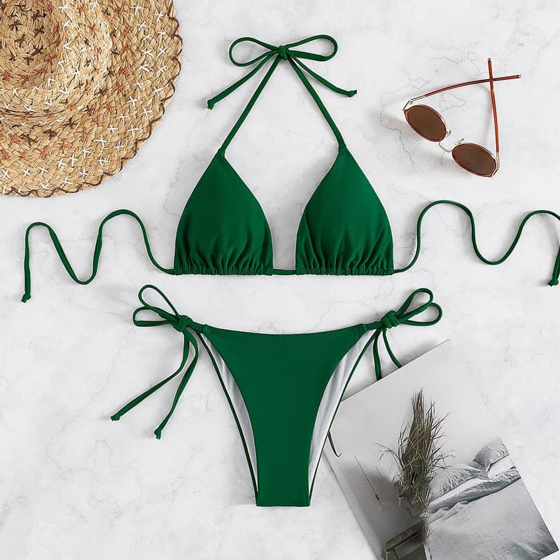 2025foreign Trade Solid Color Strap Halter Neck Hot Spring Bikini Three Point Beach Vacation Split Swimsuit Female