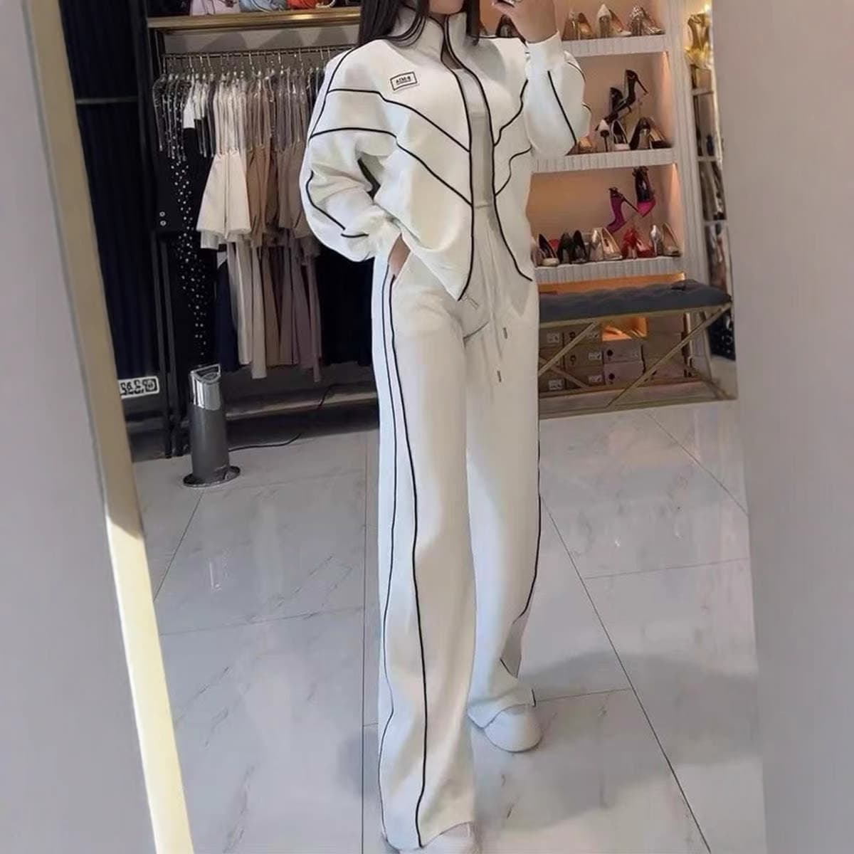 Women's Clothing Spring And Autumn New Casual Loose Stand Up Collar Cardigan Wide Leg Pants Two Piece Set