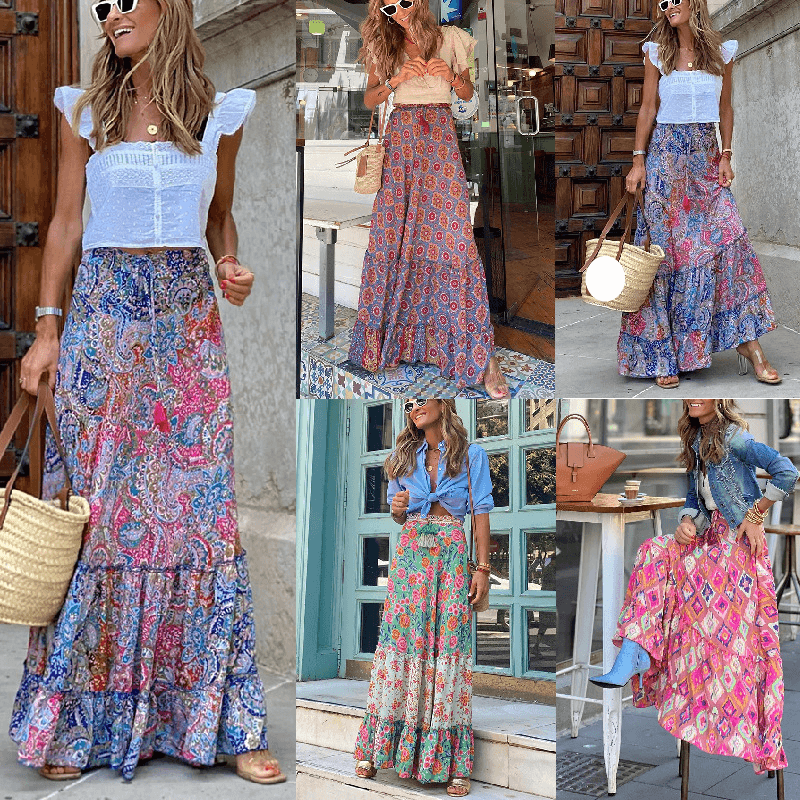 New Summer Street Style Women's Printed Long Skirt Flanged Skirt Skirt