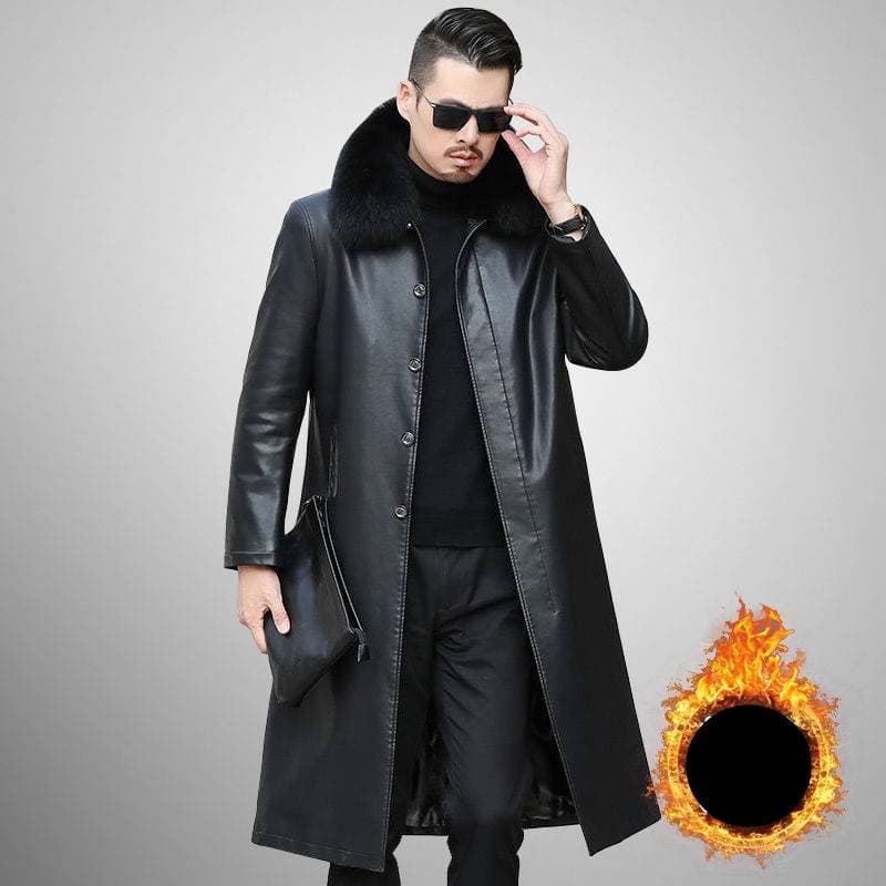 Men's Clothing Men's Faux Leather Long Coat With Detachable Fur Collar, Winter Warm Fleece Lined Jacket For Casual Outwear