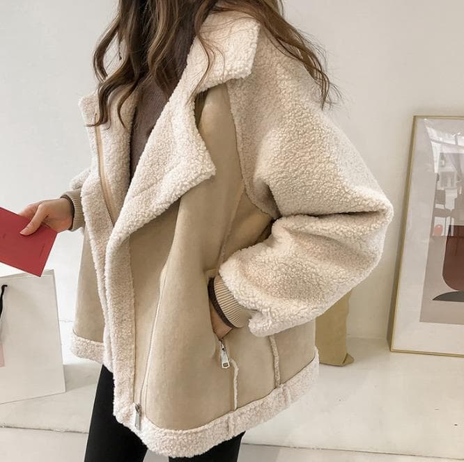 Winter New Loose Fur Integrated Suede Coat Women's Short Lamb Fleece Motorcycle Jacket