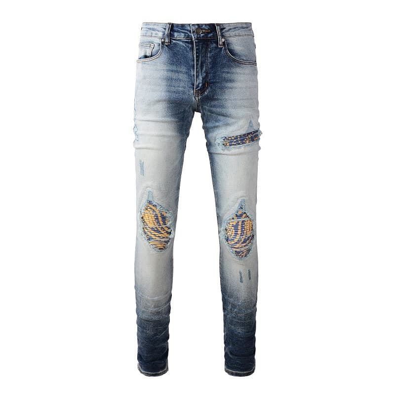 Men's Clothing cat whisker wrinkled yellow patch ripped elastic slim fit skinny jeans