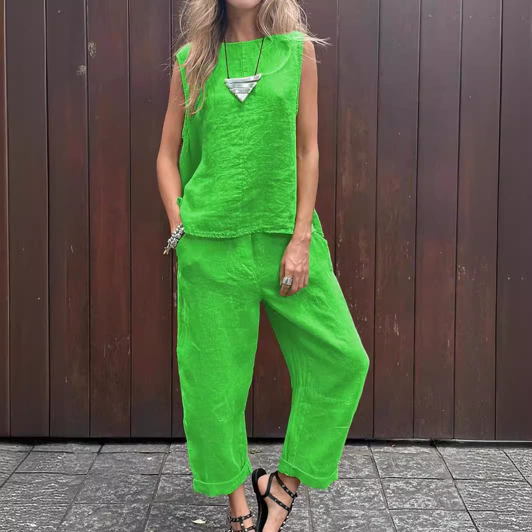 Women's clothing New Cotton and Linen Fashion Casual Loose Two-piece Sleeveless Top Loose Trousers Women's Suit