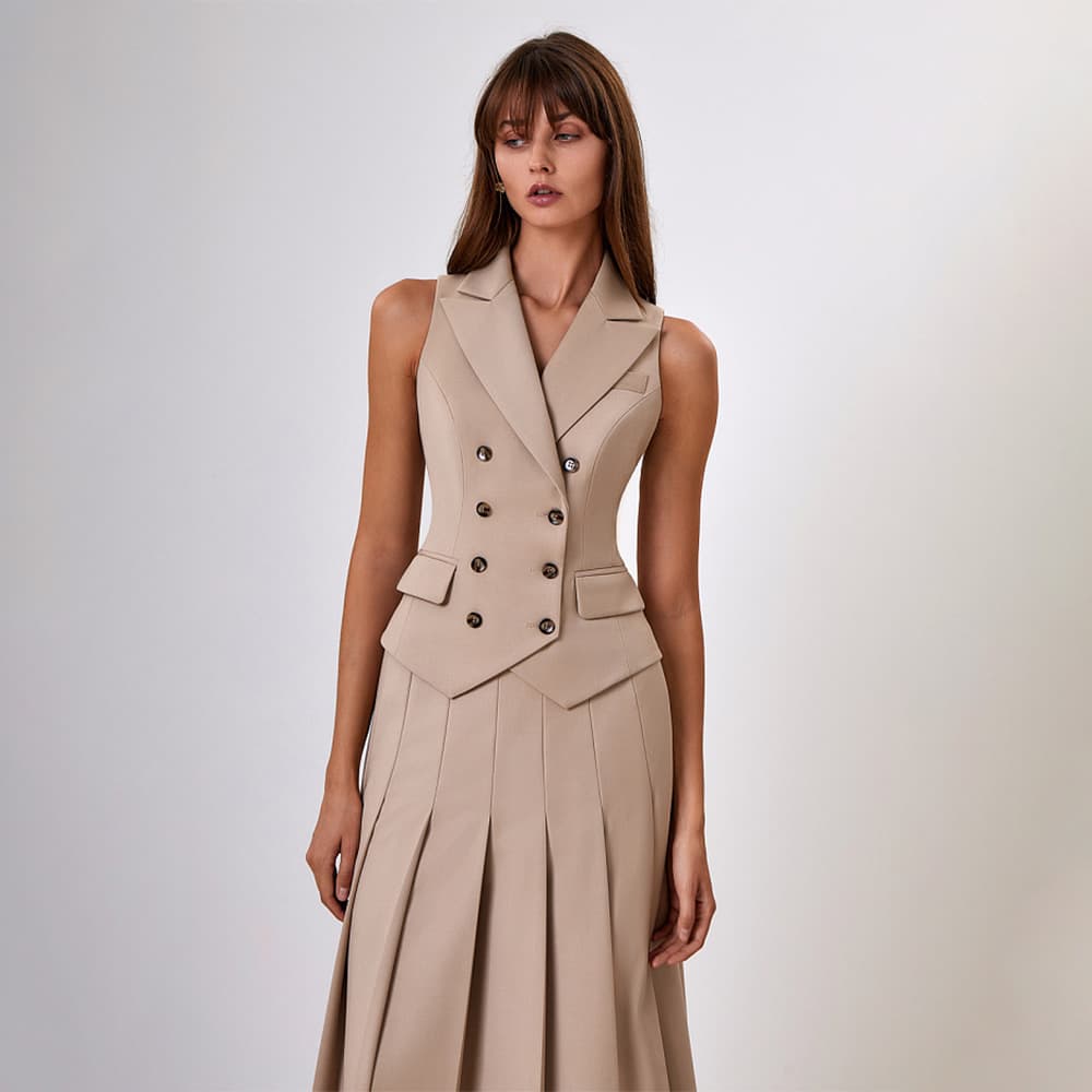 Women’s Clothing Autumn Temperament Elegant New Long Skirt Suit Sleeveless Vest Pleated Long Skirt Two Piece Suit