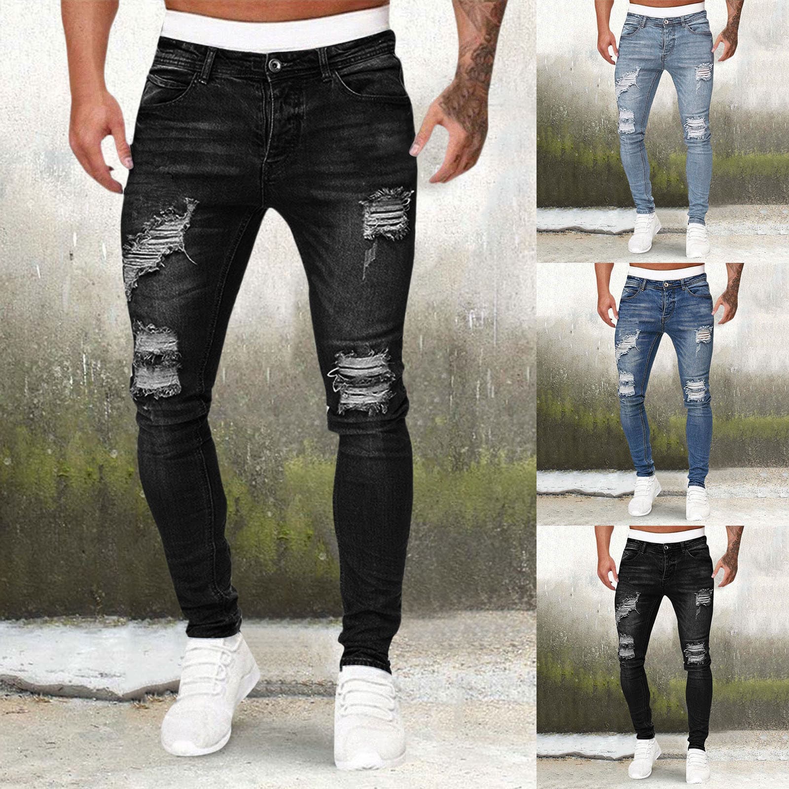 New Men's With Holes, Ground White Printed Denim Pants, Fashionable Small Leg Pants For Men