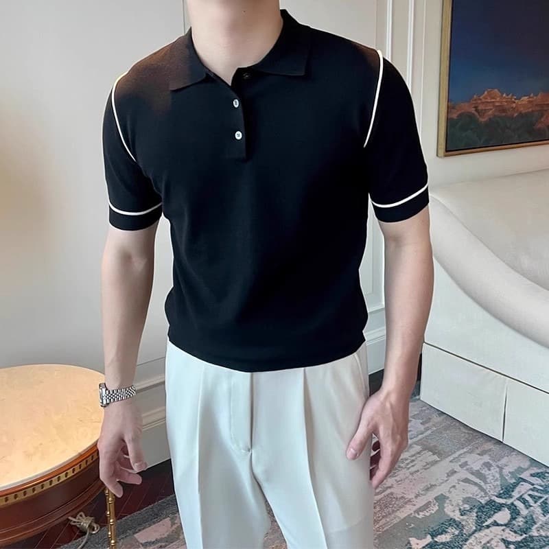 Men's Clothing Collared Knit Short Sleeved T Shirt Men's Slim Fit Collar Short Sleeve Knit T-Shirt – Contrast Trim, Breathable Cotton Blend For Summer