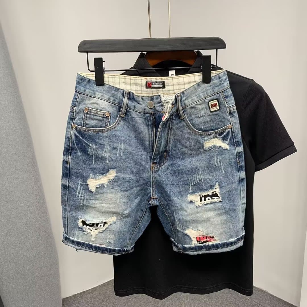 Denim capris men's Korean version personalized printed cat whisker hole shorts slim fit, versatile and trendy pants with