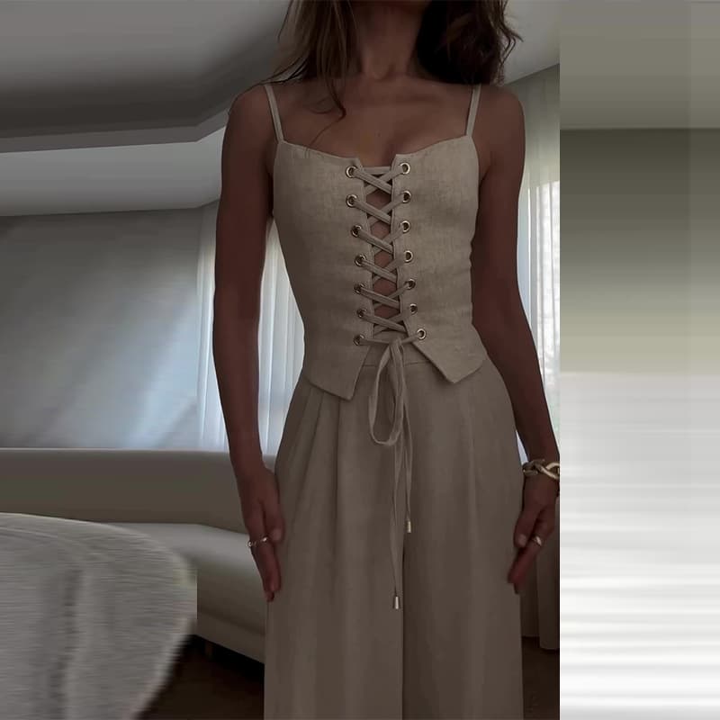 Women's Clothing summer new pure desire sexy hollow strap top casual wide leg pants suit