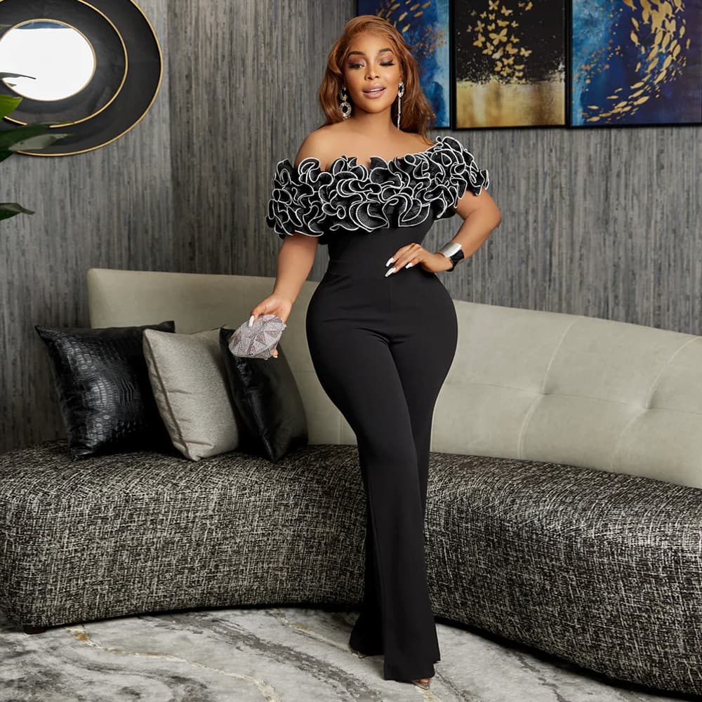 Women's clothing Wish hot sale European and American sexy tight one-line collar ruffled lace jumpsuit