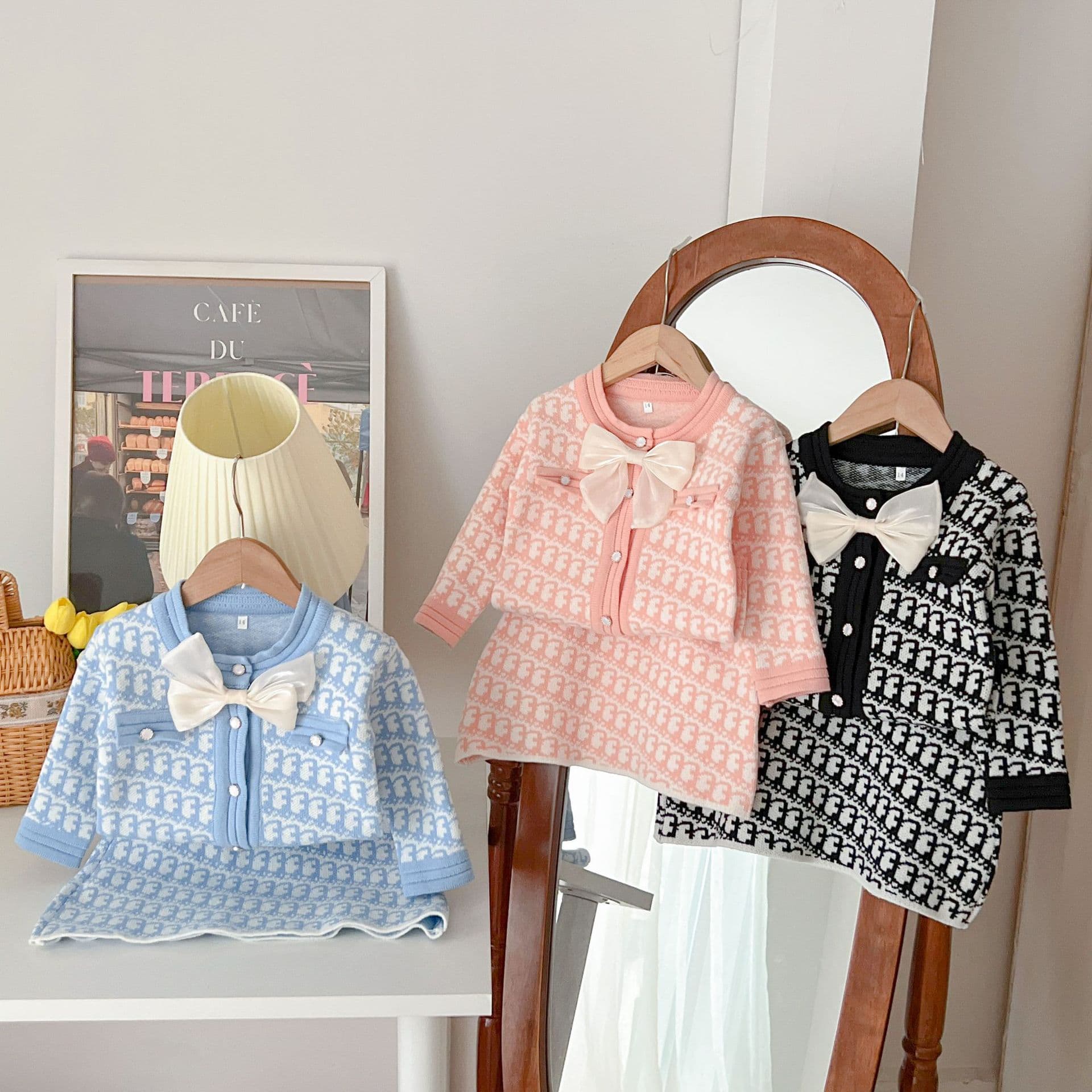 Mother & Kids Children's Sweater Skirt Bow Two Piece Set Long Sleeved Cardigan Fashionable Sweater Skirt
