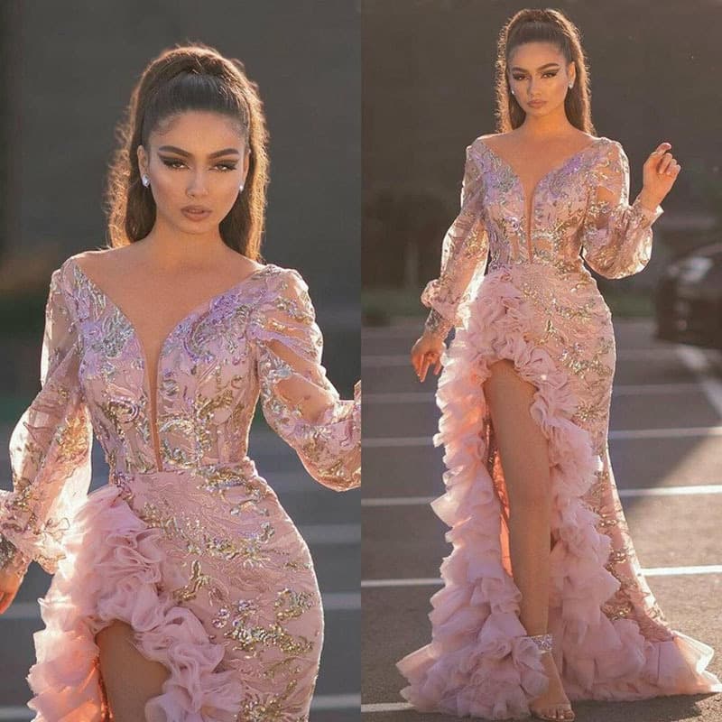 Sexy mesh train sequin split pink evening gown