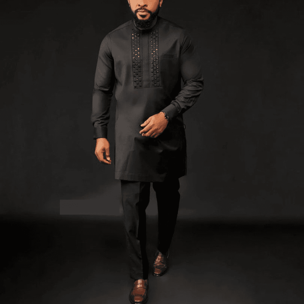 Men'S Ethnic Style Suit Shirt And Solid Color Pants 2-Piece Set