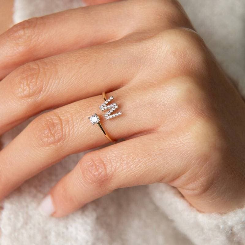 26 English letters micro inlaid zircon fashion women's ring Copper plated 14K open plain ring