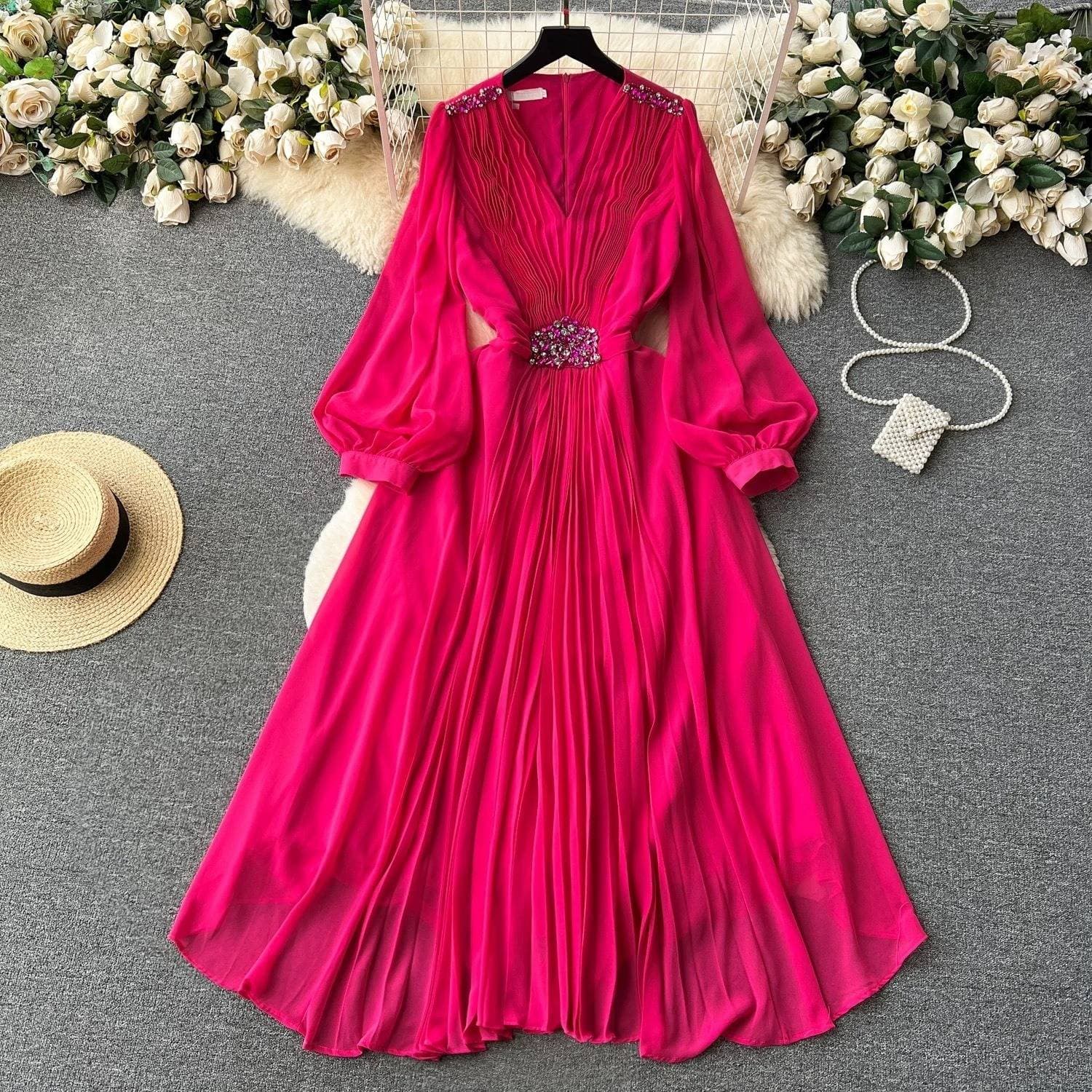 Women's Clothing Seaside Vacation Travel Photography Lantern Long Sleeves V Neck Waist Slimming A Line Chiffon Pleated Dress