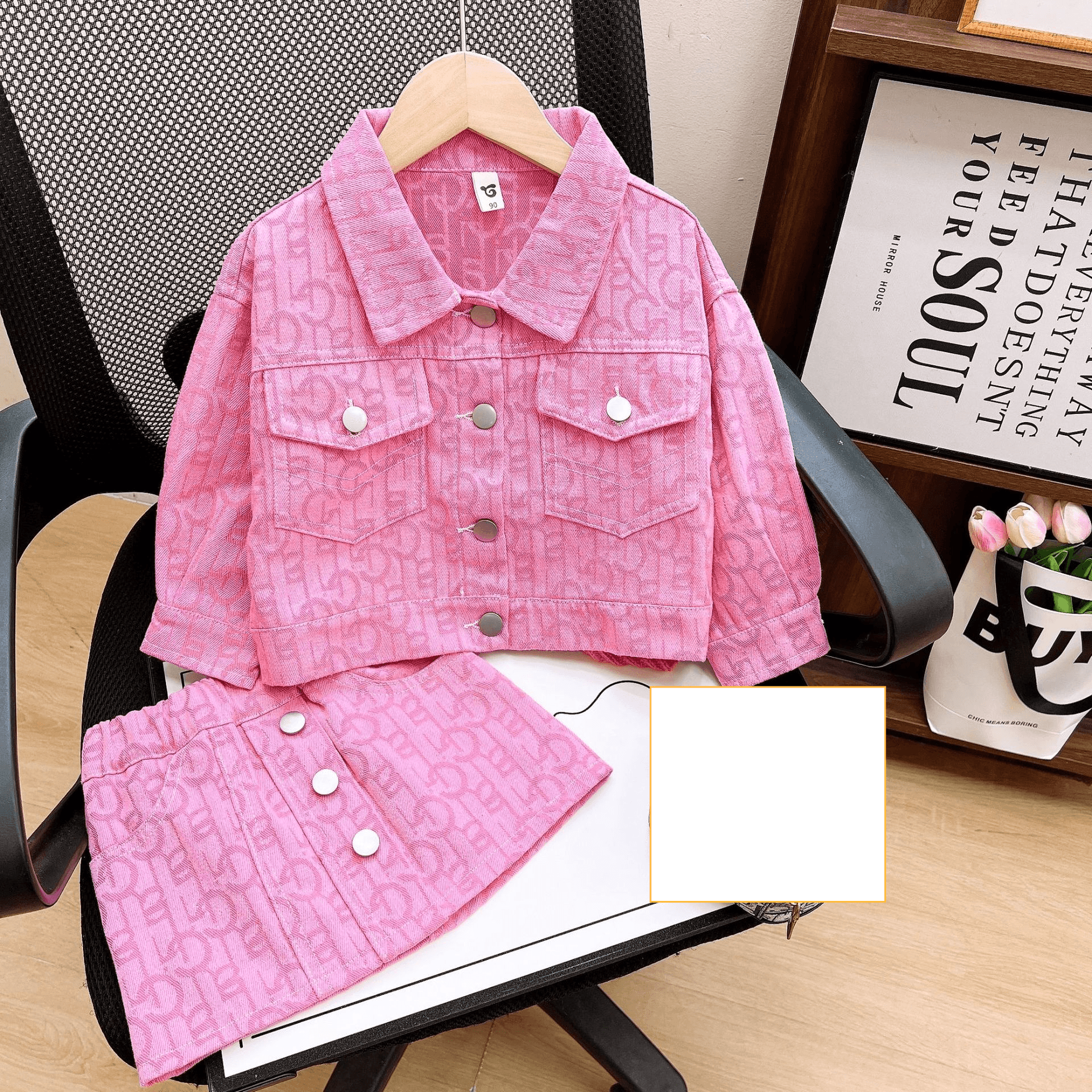 Toddler Girls Clothing Autumn And Winter New Children's Clothing Fashion Pink Jacquard Denim Jacket And Skirt Set