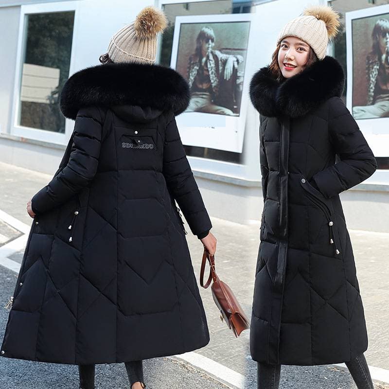 Women's Clothing Cotton Coat Women Winter New Style Fashionable Waist Slimming Thickened And Lengthened Knee Length Large Fur Collar