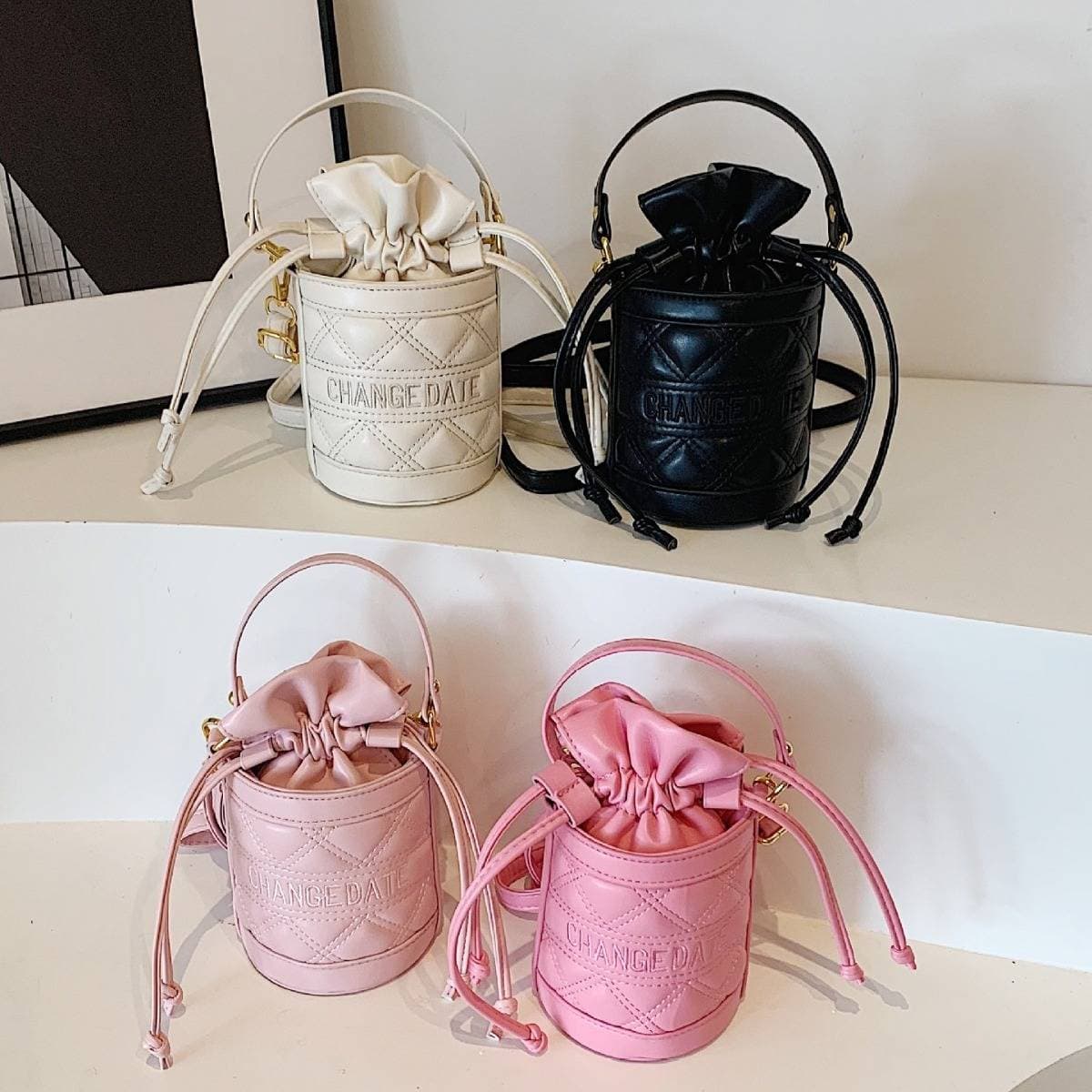 Women's Embroidered Letter Bucket Bag Drawstring Closure Handbag Makeup Crossbody Small Bag Fashionable Portable Tote