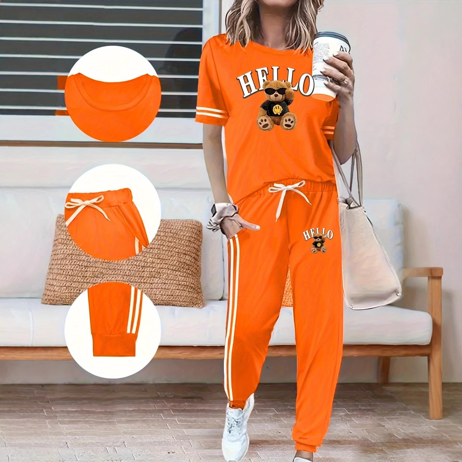 Women's Clothing Spring Summer Two Piece Set Round Neck Short Sleeve High Waisted Pants With Side Pockets